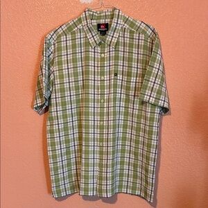 Quiksilver Green and White Plaid Short Sleeve Button-Down Shirt
